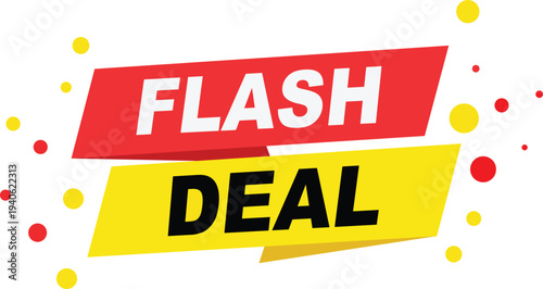 Red and yellow banner with flash deal text and colorful dots background
