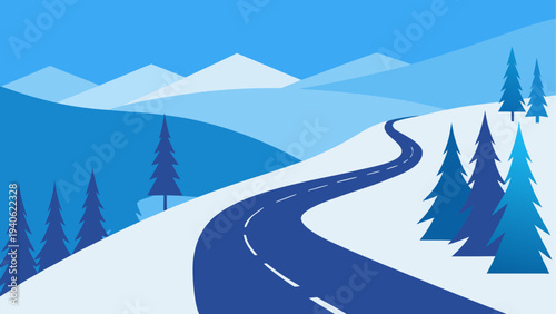 Snowy road winding through winter scene