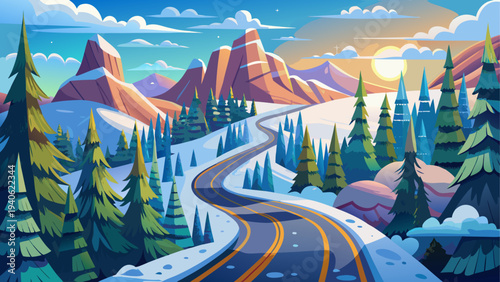 Winter landscape with road and mountains