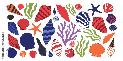 Vibrant collection of seashells, coral, and seaweed illustrations