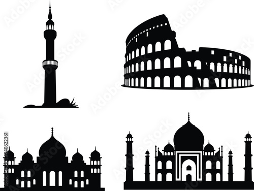 Famous world landmarks silhouettes including Taj Mahal, Colosseum and Qutub Minar in minimalist black vector style representing global architecture and travel.