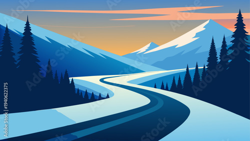 A winding road through snowy mountainside