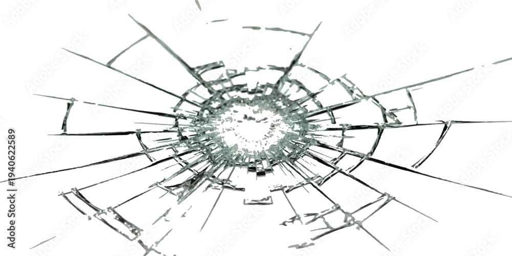 Obraz premium A detailed illustration of a bullet hole or impact point in glass, showing the spiderweb of cracks radiating from the center.