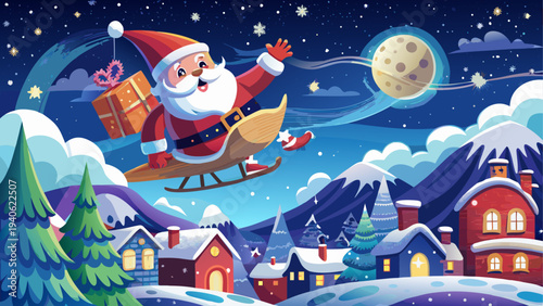 Santa claus flying over snowy town at night