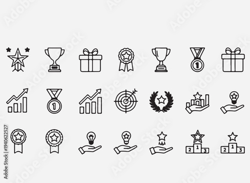 Champion reward, award trophy, best prize, outline icons. Line signs badge, medallion rosette with star and ribbon copy.eps