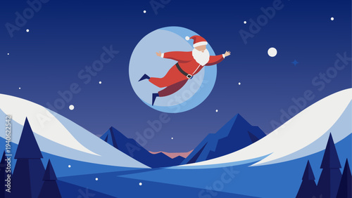 Santa claus flying over snowy landscape