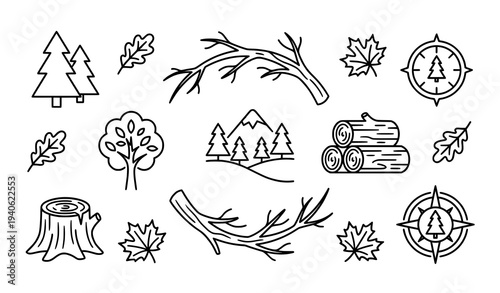 Minimal forest wood and tree outline icons collection with editable stroke vector