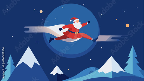 Santa jumping over mountains at night time