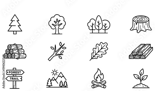 Forest and tree line icon set minimal outline wood nature symbols for advertising design