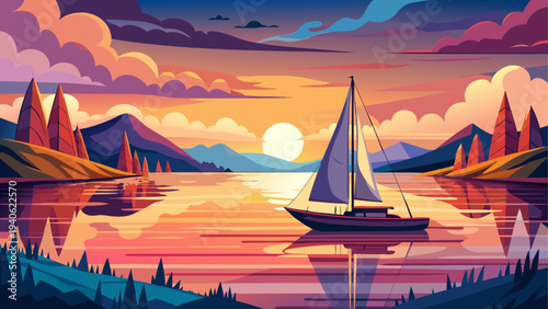 Sailboat on lake at sunset illustration