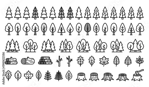 Wood forest and tree minimal line icon collection for advertising shop and book design