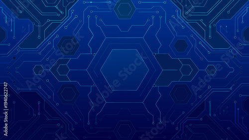 Abstract blue circuit board pattern with hexagonal and geometric shapes