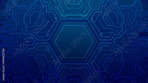 Abstract blue circuit board pattern with hexagonal central shape