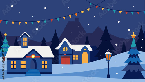 Winter village scene with christmas trees