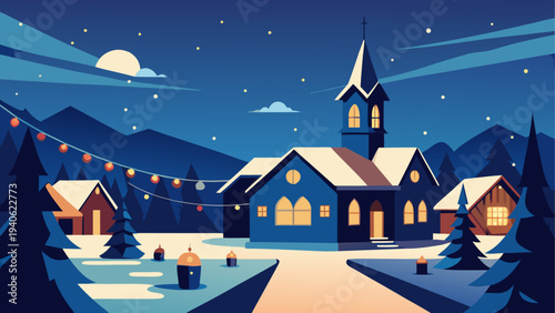 Winter village scene at night with church