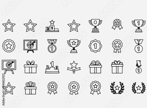 Champion reward, award trophy, best prize, outline icons. Line signs badge, medallion rosette with star and ribbon copy.eps