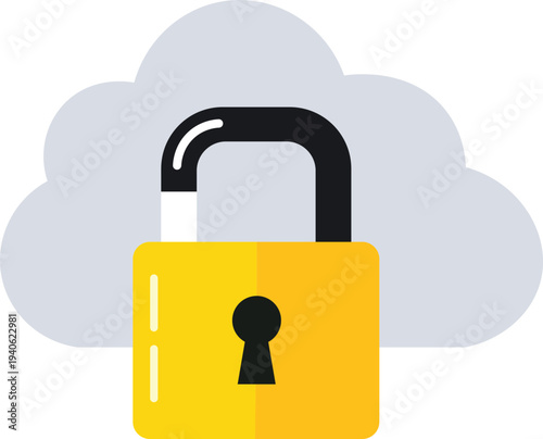 Yellow and white padlock with an open shackle in front of a gray cloud