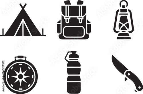 Camping and hiking gear icons including tent backpack lantern compass bottle knife