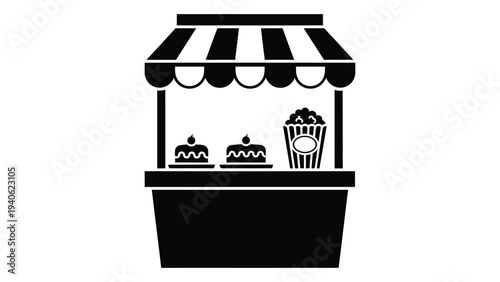 A black and white icon of a food cart with cakes
