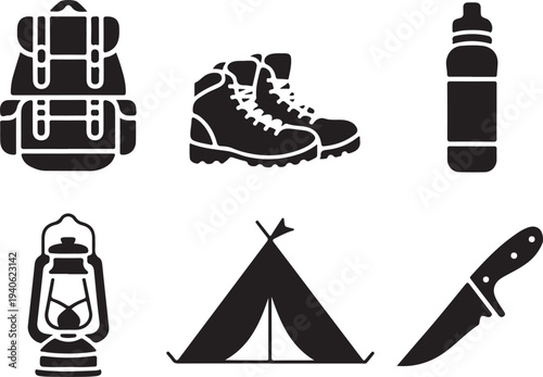 Camping gear icons including backpack shoes water bottle lantern tent and knife