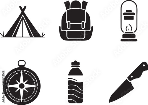 Camping and hiking icons including tent backpack compass knife