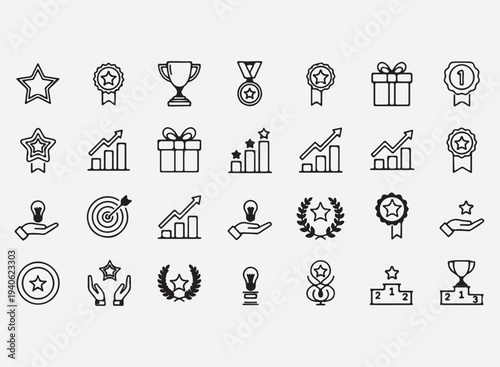 Champion reward, award trophy, best prize, outline icons. Line signs badge, medallion rosette with star and ribbon copy.eps