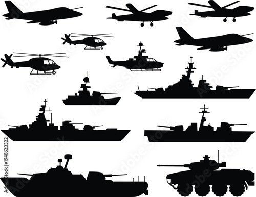 Military vehicle and aircraft silhouette collection featuring fighter jets, helicopters, warships and armored tank in minimalist black vector style for defense.
