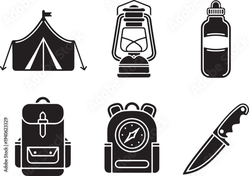Camping gear and equipment icons including tent lantern bottle backpack compass knife