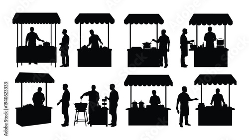 People working and interacting at outdoor market stalls