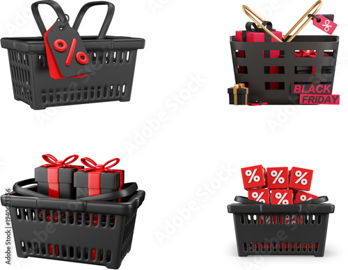 Four 3D rendered black shopping baskets with various sales and discount items, including gift boxes and percentage tags.