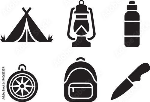 Camping icons including tent backpack water bottle compass knife