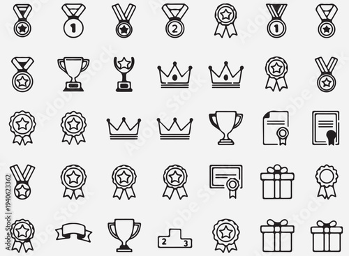 Champion reward, award trophy, best prize, outline icons. Line signs badge, medallion rosette with star and ribbon copy.eps