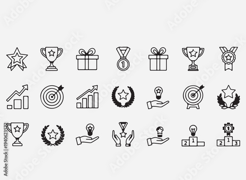 Champion reward, award trophy, best prize, outline icons. Line signs badge, medallion rosette with star and ribbon copy.eps