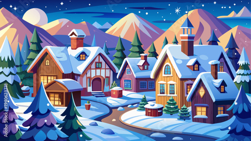 Winter village scene with snow covered roofs