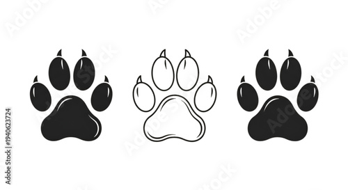 Minimalist paw print vector with sharp claws outline and solid