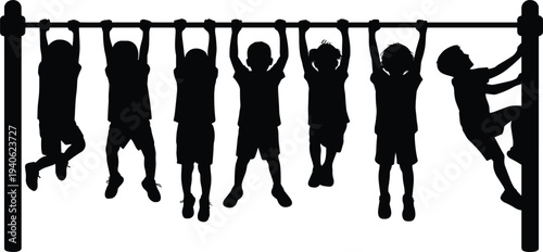 Children hanging on playground monkey bars silhouette with kids climbing and exercising in minimalist black vector style for park recreation.