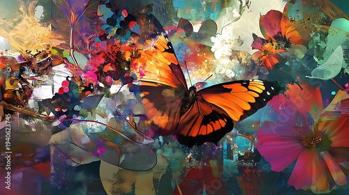 Vibrant abstract butterfly with colorful floral and dynamic brushstrokes