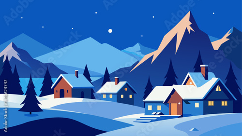 Winter scene with snowy houses and trees