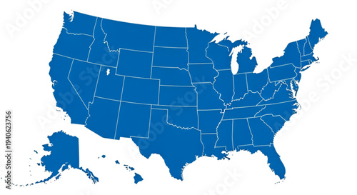 United States map blue silhouette with white state borders vector