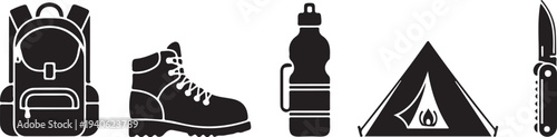 Outdoor adventure travel camping hiking gear icons