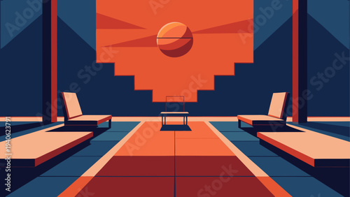 Interior with chairs and orange sphere art