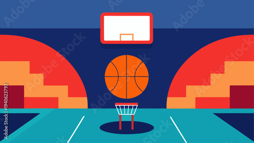 Basketball court with ball and backboard