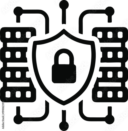 Cybersecurity concept with digital data servers shield and padlock icon vector illustration