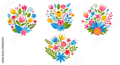 Colorful floral bouquet set hand drawn folk art flower arrangements