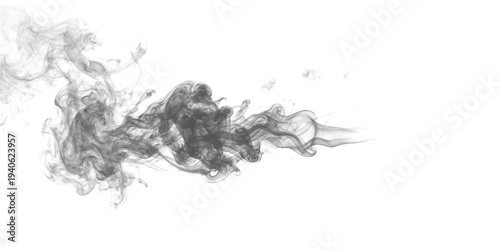 A plume of dark gray smoke against a clean white background, flowing from left to right
