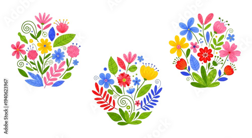 Colorful floral bouquet set hand drawn folk art flower arrangements