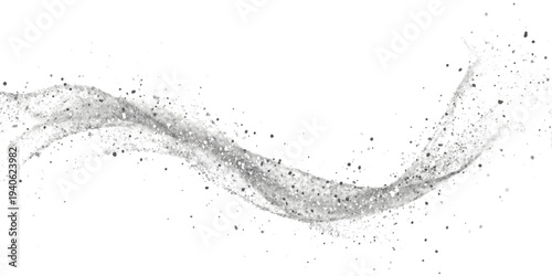 A dynamic, abstract wave of silver and grey particles flowing across a white background