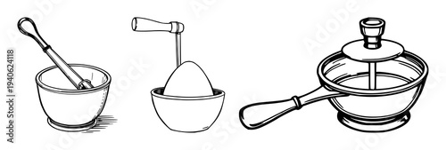 Vintage egg beater set with hand-crank design featuring kitchen utensil, cooking, retro style with line art and bakery equipment