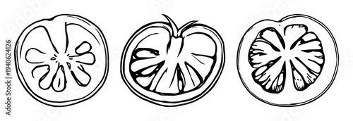 Heirloom tomato set with black line art single slice featuring tomato, fruit, kitchenware with line illustration and minimalist