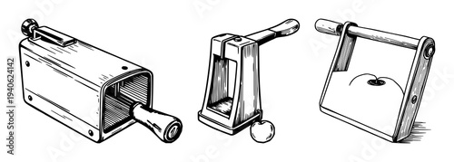 Cherry pitter set with black line art vintage manual design featuring fruit pitting, kitchen utensil, dessert with illustration and vector